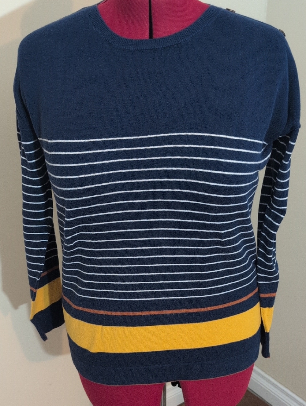 Max Studios | Navy Striped Crewneck Sweater with Yellow Accent